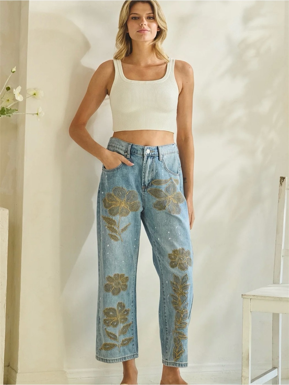 Oli & Hali Floral Embroidered Jeans | High Waist Ankle Crop Statement Denim - Picture 2 of 8